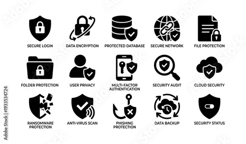 Comprehensive cybersecurity icons set for data and network protection