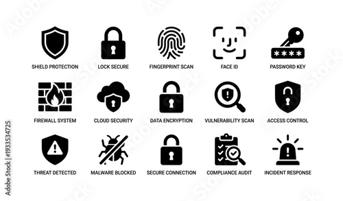 Cybersecurity icons set: protection, encryption, firewall, and secure access
