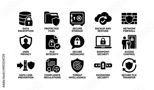 Cybersecurity icons: data encryption, secure messaging, endpoint security, network firewall