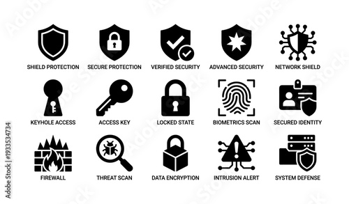 Security icons: shield, lock, key, biometrics, firewall, encryption, alert symbols