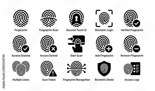 Fingerprint icons collection: biometric security and access control symbols