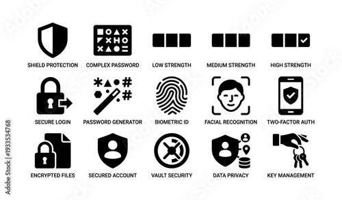 Cybersecurity icons: passwords, biometrics, encryption, authentication, privacy