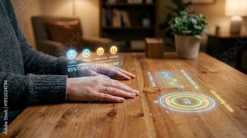 Holographic interface displaying data visualization and emotional feedback on a wooden table