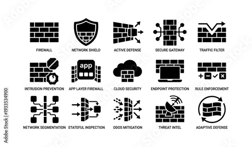 Network security icons: firewall, shield, secure gateway, traffic filter, intrusion prevention