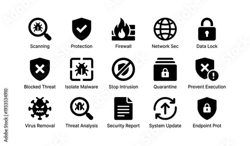 Cybersecurity icons featuring virus removal, firewall, quarantine, threat analysis, and data protection