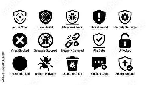 Cybersecurity icons set: shields, malware, threat, security