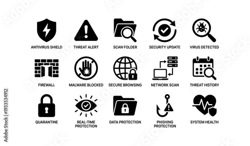Cybersecurity icons set: antivirus, threat alert, virus detection, secure browsing