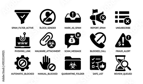 Spam and security icons: filter, block, alert, fraud, protection symbols