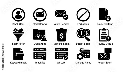 Email management icons set: block, spam, filter, quarantine, management, review