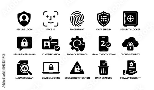 Comprehensive digital security icons featuring biometrics and privacy tools