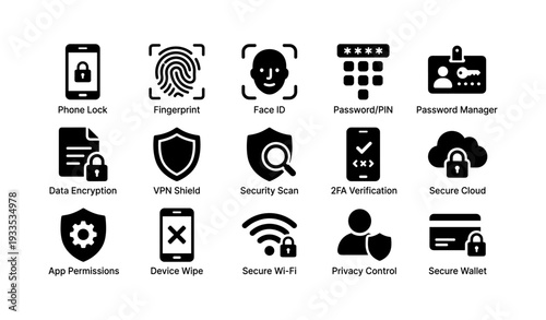 Digital security icons: phone lock, fingerprint, face id, password, encryption, cloud
