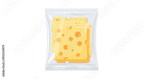 A neat stack of five yellow square cheese slices, each with holes, is sealed in a transparent plastic package on white.