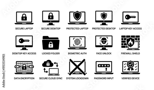 Cybersecurity icons: lock, shield, encryption, biometric, firewall