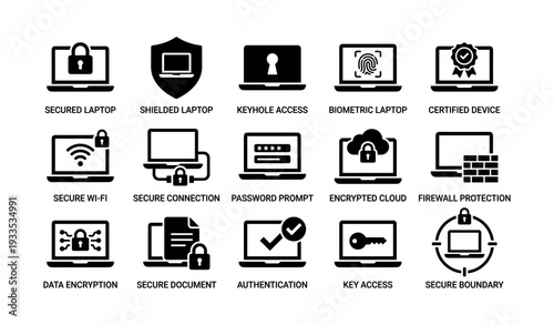 Security icons set: biometric, encryption, firewall, wi-fi, authorization