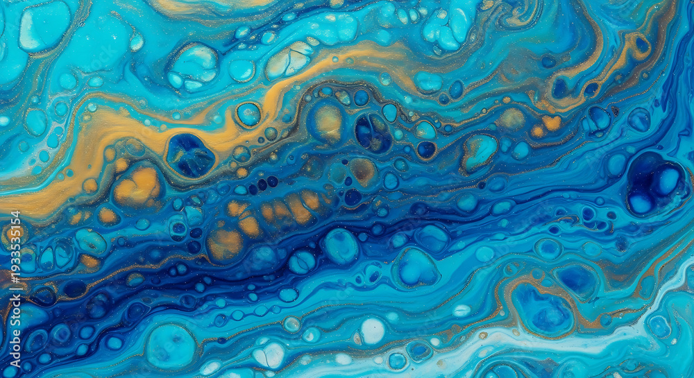 Fototapeta premium A vibrant abstract fluid art piece featuring intricate swirls of rich blues, shimmering gold, and crisp white, showcasing mesmerizing cells and organic patterns reminiscent of ocean depths.