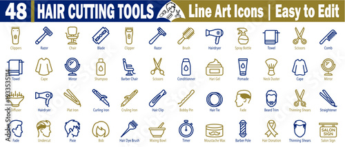 Professional hair salon line art icons. Featuring flat iron, curling iron, hair dye, brush, mixing bowl, and barber pole symbols for hairdressing and beauty services vector illustration.