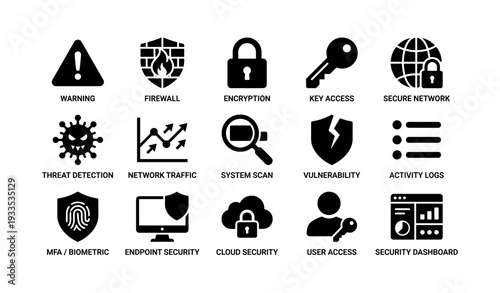 Cybersecurity icons: warning, firewall, encryption, network traffic, vulnerability