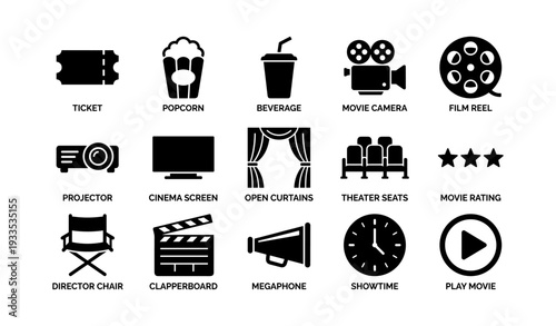 Cinema icons: ticket, popcorn, camera, reel, projector, screen, curtains, seats, rating, director, clapperboard, megaphone
