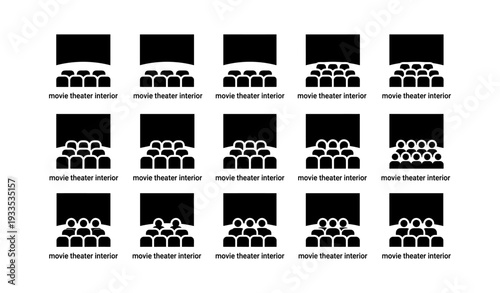 Repeating pattern of movie theater interiors with screens and seating