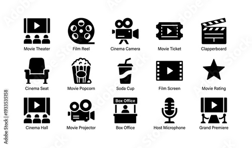 Cinema icons collection: camera, clapperboard, popcorn, ticket, microphone