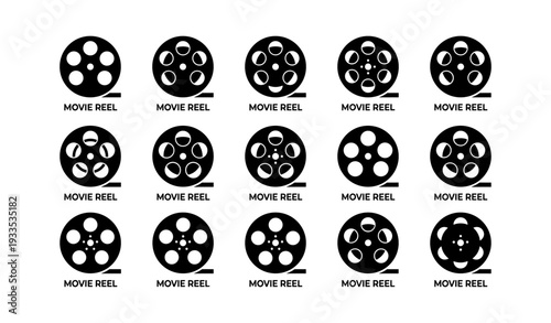 Set of sixteen film reel icons in black and white on white background