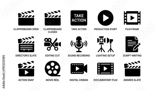 Film production icons set: clapperboard, microphone, movie reel, script, and more