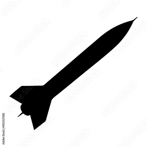 Black silhouette of a modern long-range missile in flight, diagonal upward trajectory, sharp aerodynamic design with fins, small propulsion flame at the rear, solid black shape, flat design, isolated 