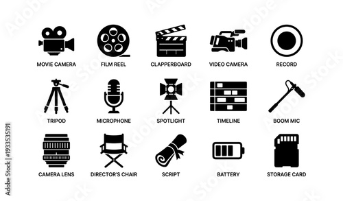 Film and video production equipment icons set with camera, microphone, tripod, and clapperboard