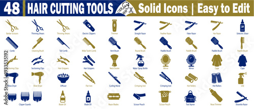 Hair cutting tools icons set. Collection for professional barbers and stylists featuring clippers, combs, razors, and styling equipment vector illustration.