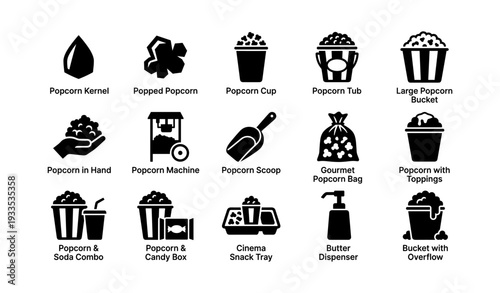Various popcorn icons and equipment for cinema snacks and gourmet toppings