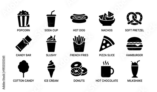 Assorted snack icons including popcorn, hot dog, pizza slice, and milkshake