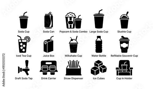 Beverage icons set featuring soda, popcorn combo, milkshake, iced tea, water, and more