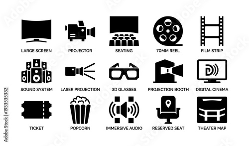 Cinema icons set: projector, reel, 3d glasses, popcorn, theater map
