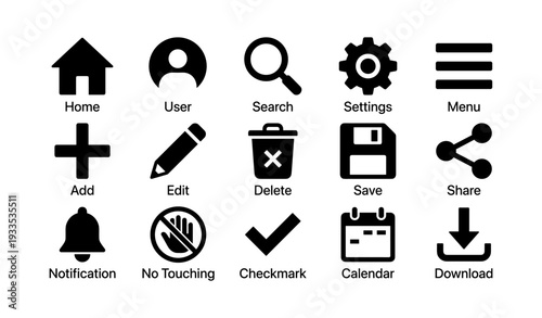 Set of simple black icons for home, user, search, settings, and more