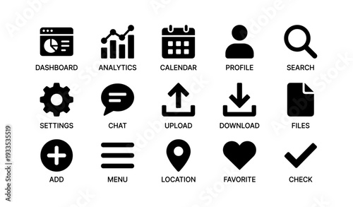 Dashboard icons: analytics, calendar, profile, search, settings, chat, upload, download