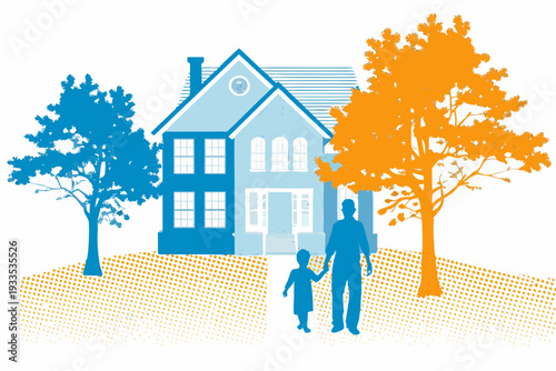 Family silhouette stands before a colorful house and trees