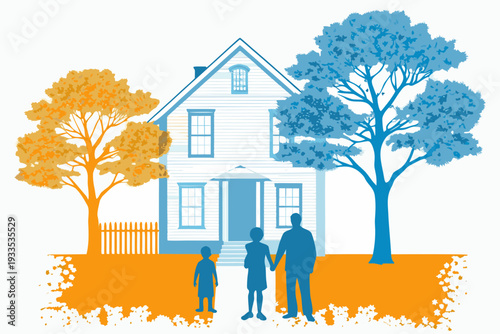 A family stands in front of a two toned house with trees