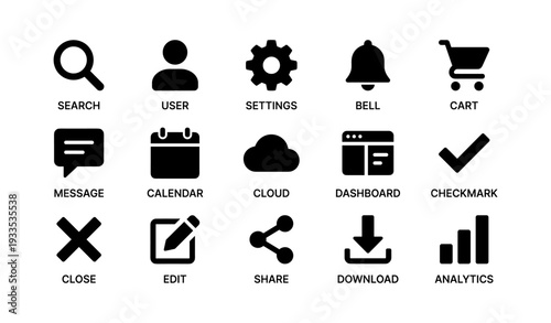 Essential user interface icons: search, settings, cart, analytics and more