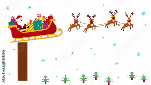 Santa claus flies across the night sky with reindeer and gifts