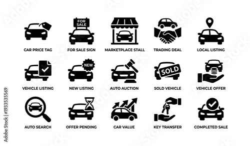 Car marketplace icons: sale, auction, trade, listing, value indicators