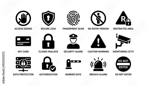 Security icons: access denied, fingerprint scan, cctv, lock, warning symbols
