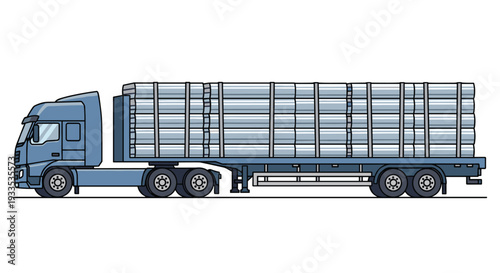 A blue flatbed semi-truck with a matching cab is transporting a large stack of grey metal pipes on white.
