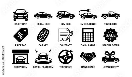 Car icons: sedan, suv, ev charging, truck, price tag, key, contract, special offer