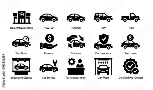 Car dealership icons: new, used, suv, truck, finance, services, insurance, trade-in, car wash