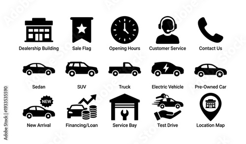 Car dealership services icons with vehicles, customer support, and location features