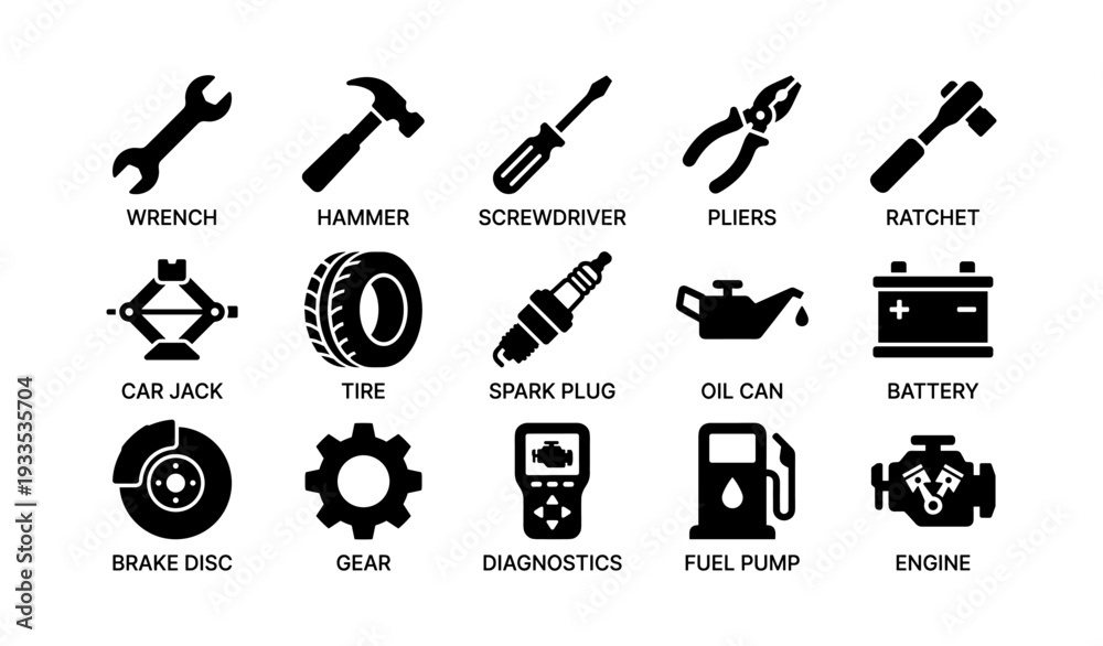 Fototapeta premium Essential automotive tools and parts icons set in black silhouettes