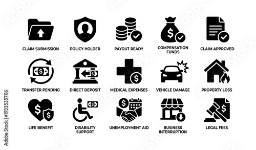 Insurance icons: claims, compensation, and support symbols