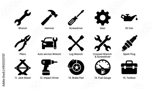 Set of various automotive tools and equipment icons in black silhouette style