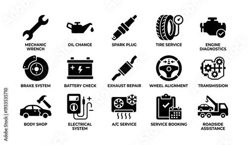 Car maintenance icons set: tools, engine, and repair symbols