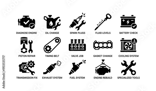 Car maintenance icons: engine diagnostics to specialized tools